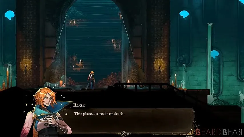 Castlevania Belmont's Curse Catacombs of Paris entrance with Rose beside a candlelit staircase