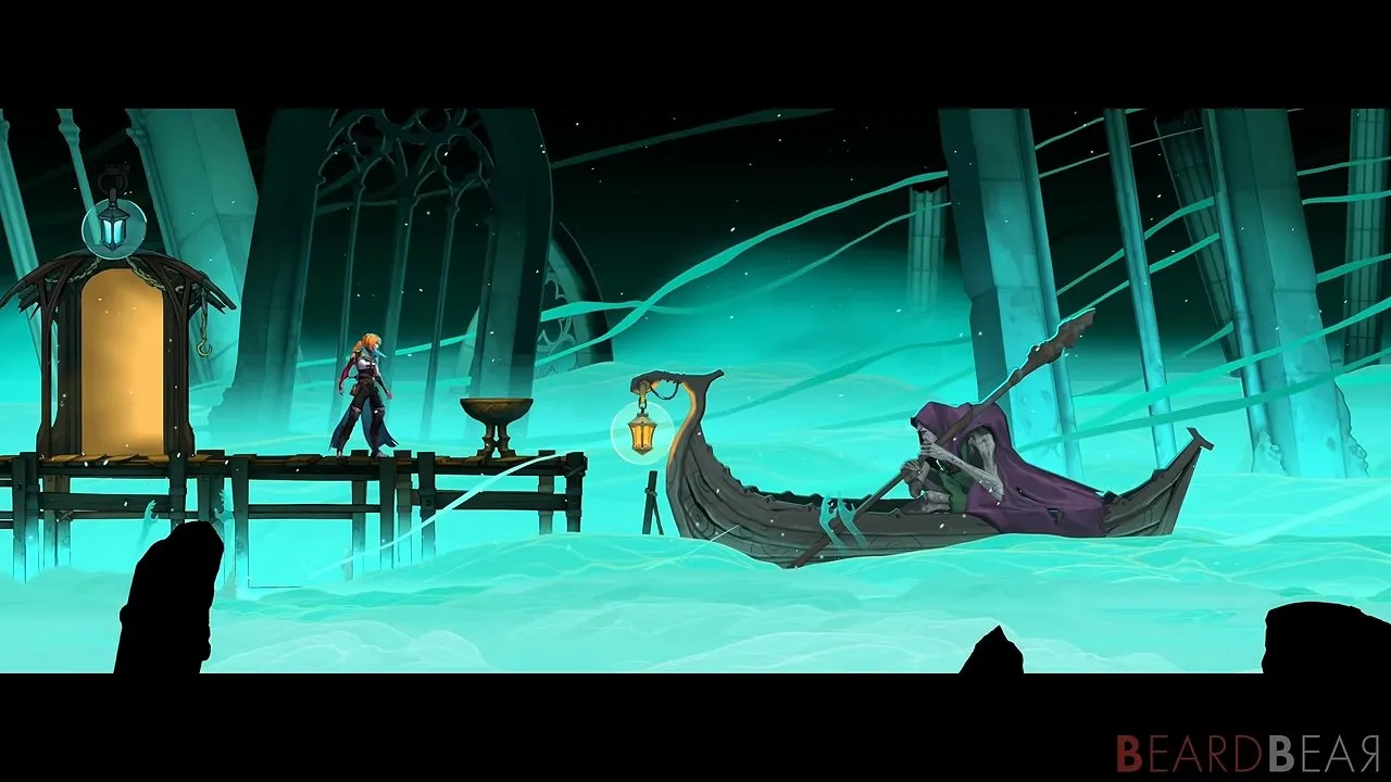 Castlevania Belmont's Curse Catacombs of Paris Ferryman's Wharf with Rose on the dock beside the Ferryman's boat