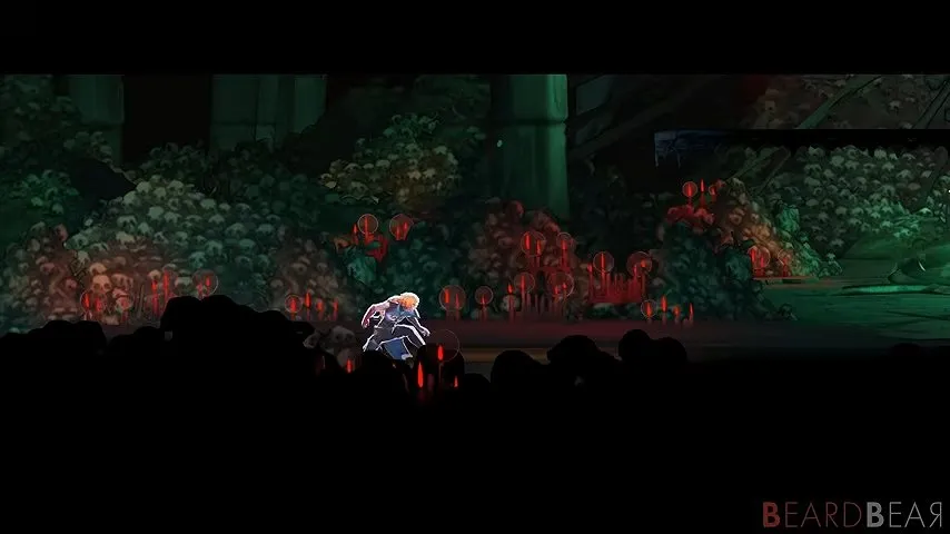 Castlevania Belmont's Curse Catacombs of Paris with Rose crouched among red candles and piles of bones