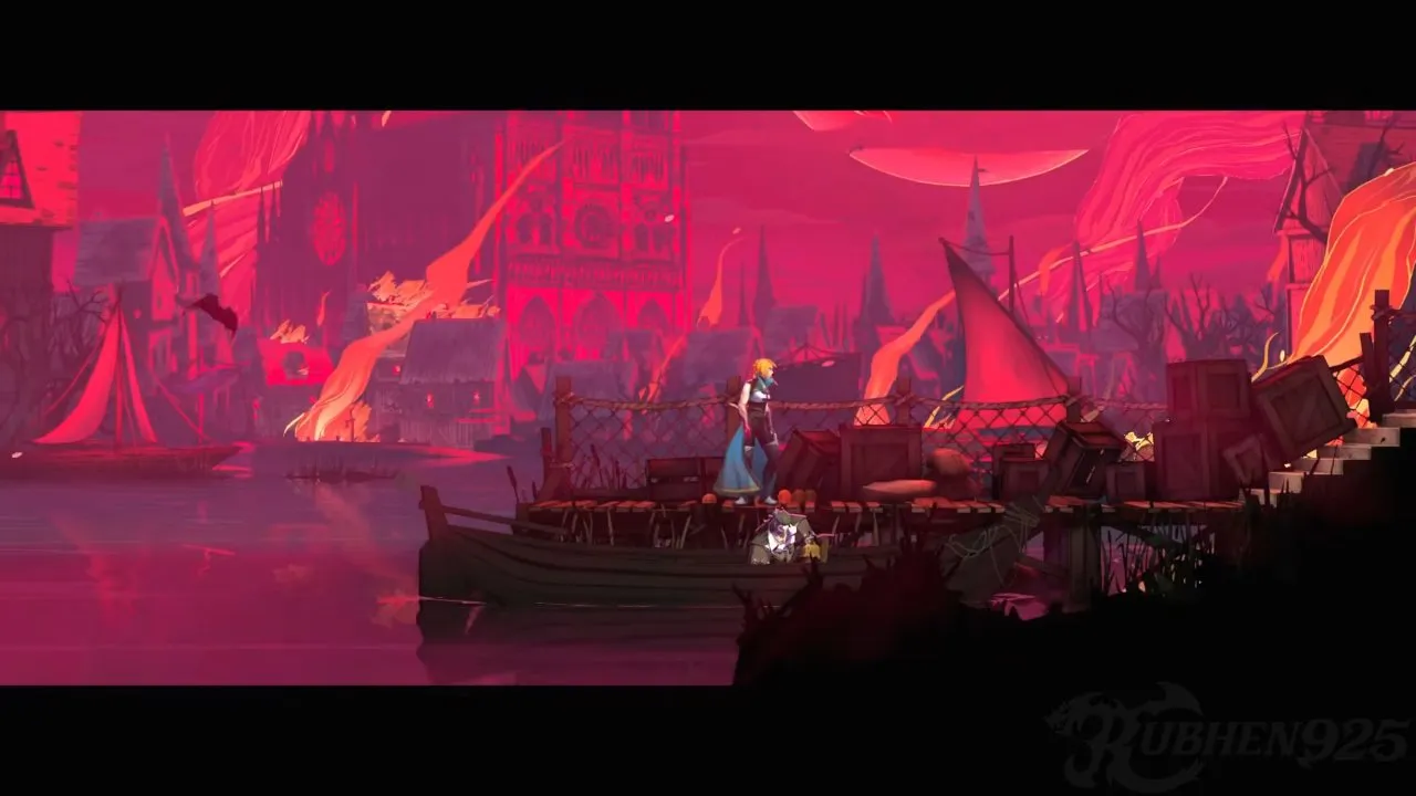 Castlevania: Belmont's Curse characters, Rose standing on a boat with Trevor below her against the red Paris skyline