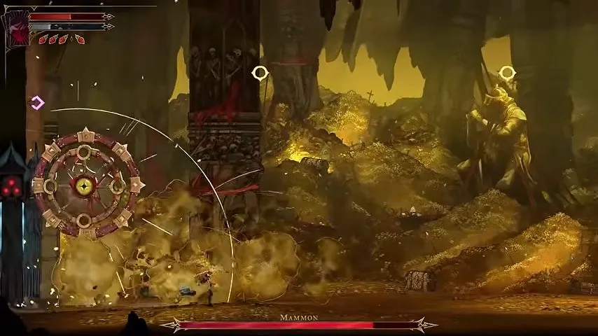 Castlevania Belmont's Curse Mammon in the Circle of Greed hovering above a dusty floor beside Rose