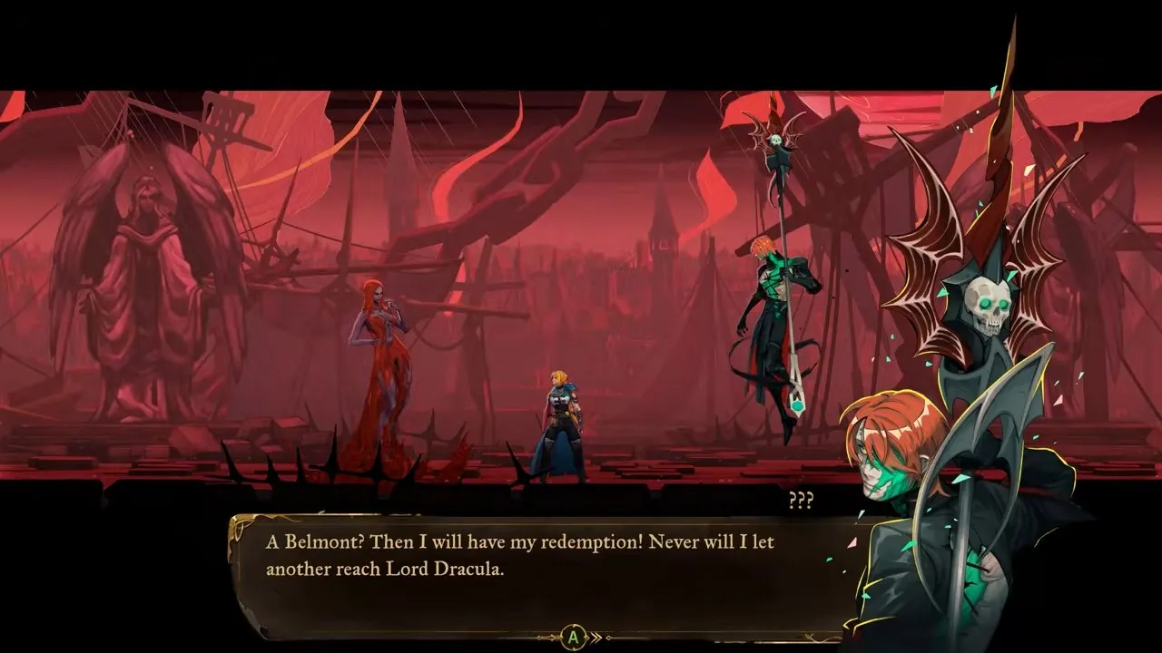 Castlevania: Belmont's Curse Justice District, Rose facing Isaac and a red-clad figure