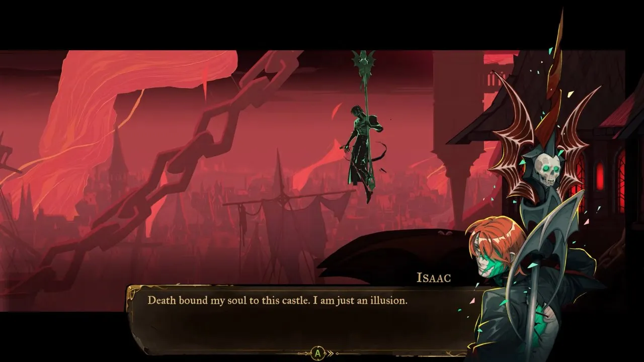 Castlevania: Belmont's Curse Justice District, Isaac floating above the bridge with his illusion dialogue