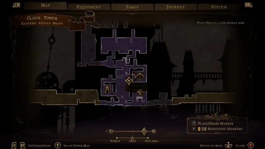 Castlevania Belmont's Curse Library and Clock Tower map with Eastern Access Shaft and three gold markings