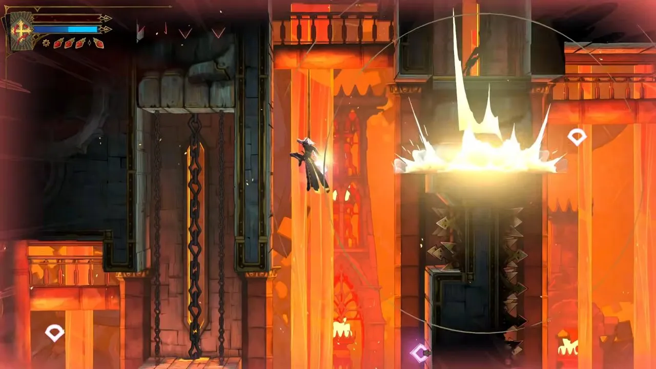 Castlevania Belmont's Curse Library and Clock Tower Rose airborne beside a wall and a spiked piston