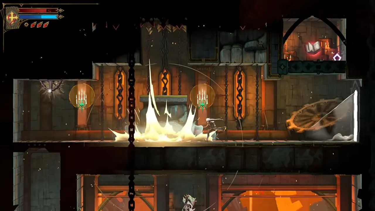 Castlevania Belmont's Curse Library and Clock Tower fist impact with a glowing book on the upper right ledge