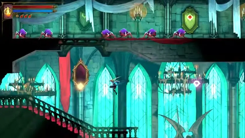 Castlevania Belmont's Curse Main Hall, Rose airborne beside a staircase with a chandelier to the right