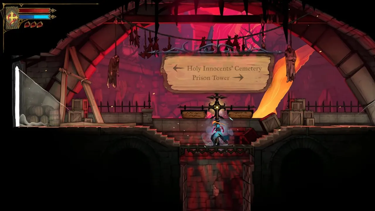 Castlevania: Belmont's Curse map junction sign pointing left to Holy Innocents' Cemetery and right to Prison Tower