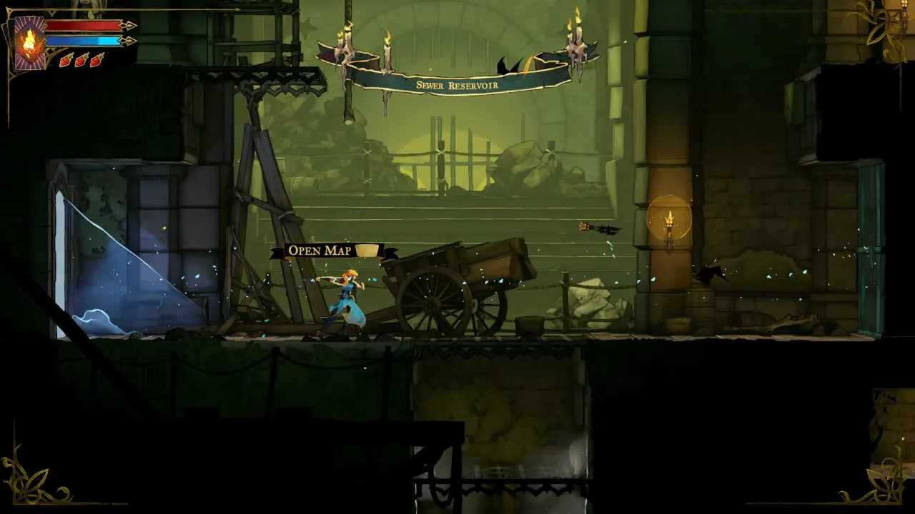 Castlevania: Belmont's Curse map route beside a mirror and cart in Sewer Reservoir