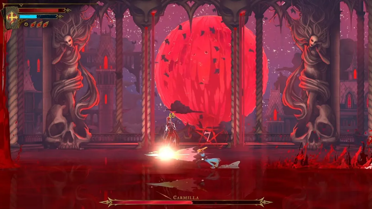 Castlevania Belmont's Curse Carmilla fight with a close blood attack and a seven curse counter above Rose