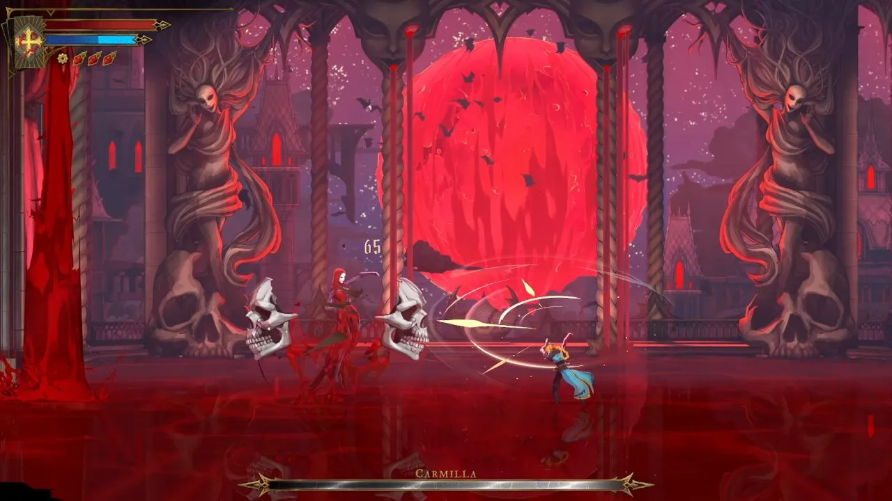 Castlevania Belmont's Curse Carmilla fight with two skulls beside Carmilla and the Holy Cross in flight