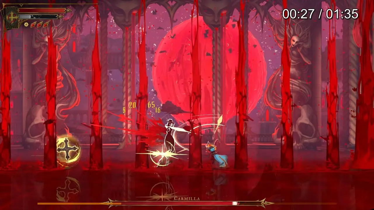 Castlevania Belmont's Curse Carmilla fight with Rose attacking between tall blood pillars