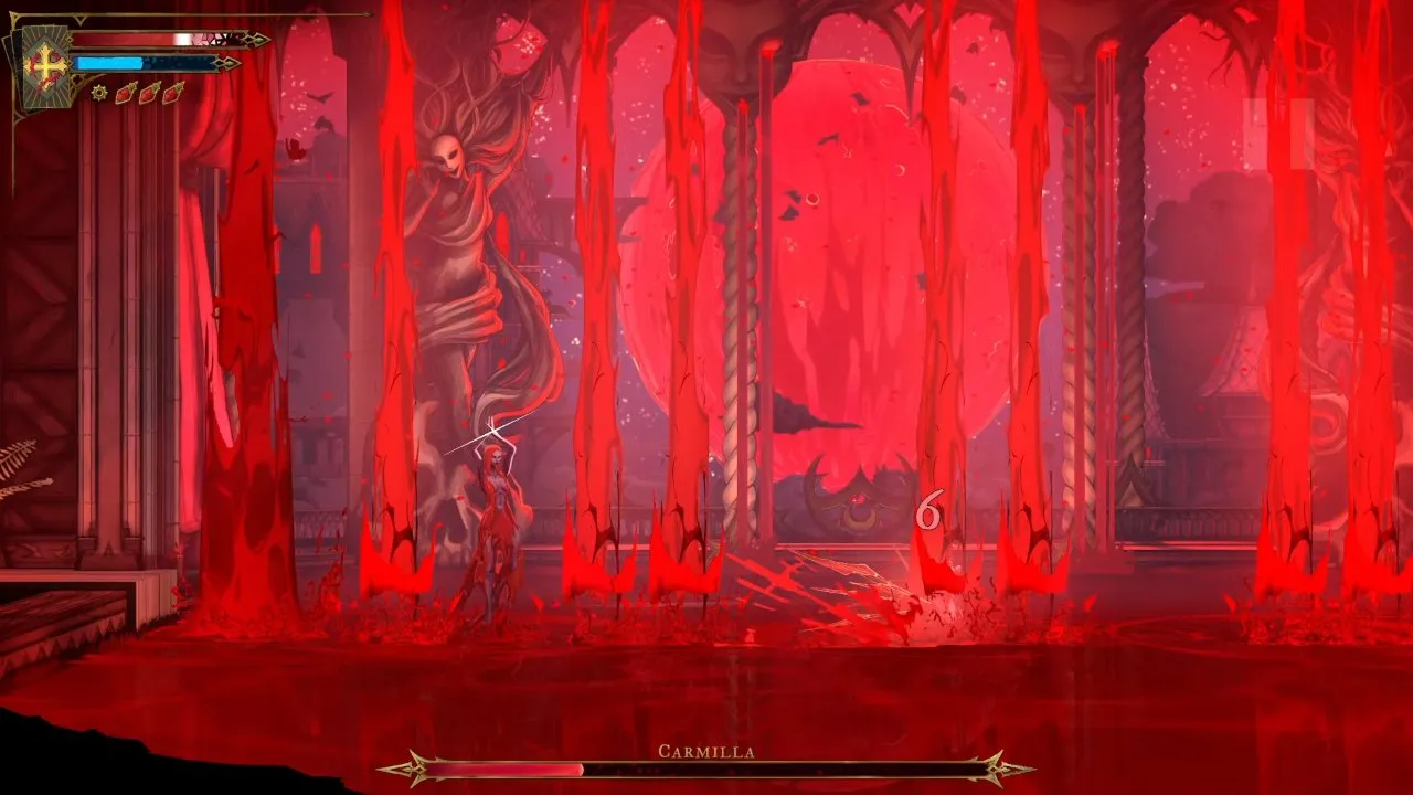 Castlevania Belmont's Curse Carmilla fight with Rose caught among blood pillars and a six curse counter