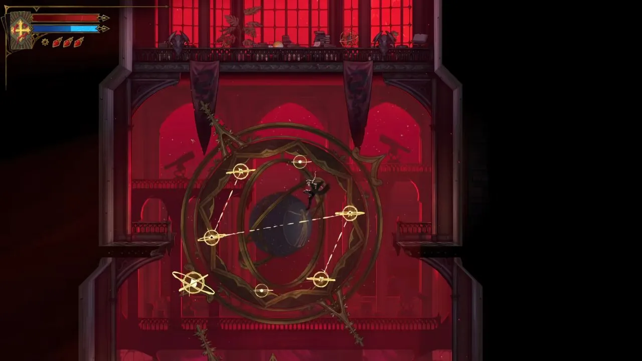 Castlevania Belmont's Curse Observation Tower skeleton globe with connected glowing points and a larger orb at the lower left
