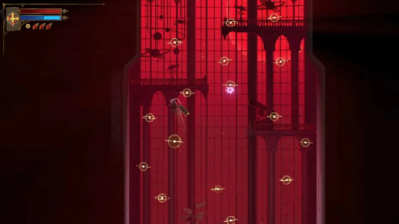 Castlevania Belmont's Curse Observation Tower upper route with Rose climbing between glowing orbs and platforms