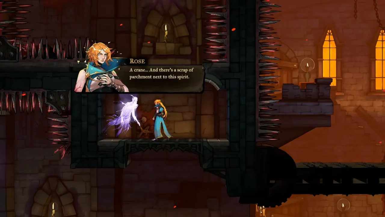Castlevania: Belmont's Curse Prison Tower spirit beside Rose in a spiked alcove with the crane dialogue