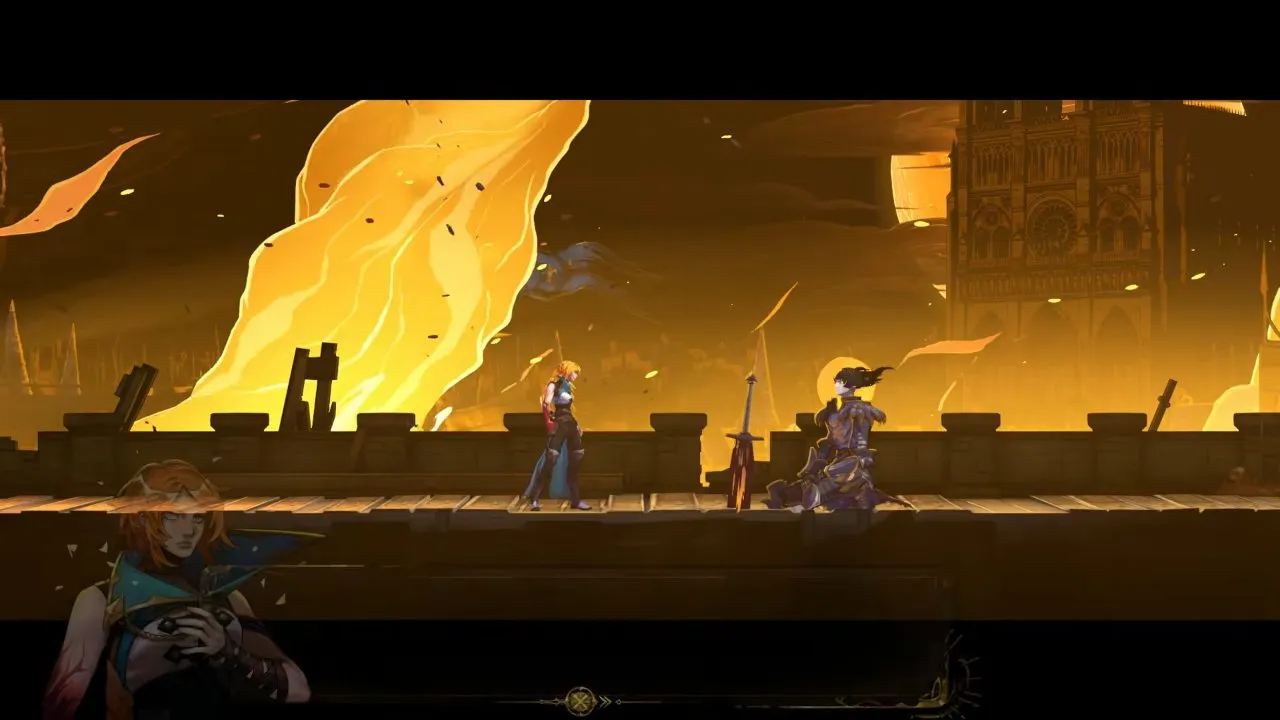 Castlevania: Belmont's Curse Joan of Arc rooftop encounter with Rose facing an armored figure beside a sword