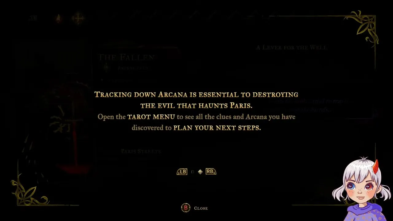Castlevania: Belmont's Curse tarot cards tutorial directing you to the Tarot menu for discovered clues and Arcana