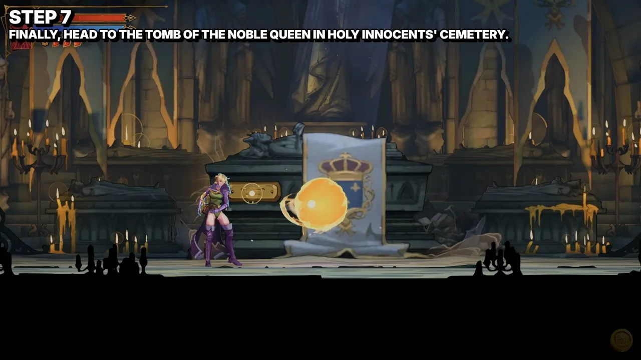 Castlevania Belmont's Curse Tomb of the Noble Queen: Eleanor turning into golden light before the sarcophagus under the royal banner