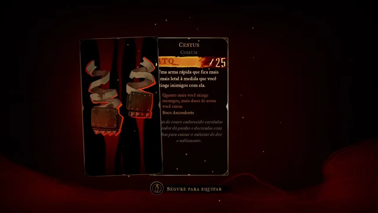 Castlevania: Belmont's Curse weapons, Cestus gauntlets on the reward card with a hold-to-equip prompt