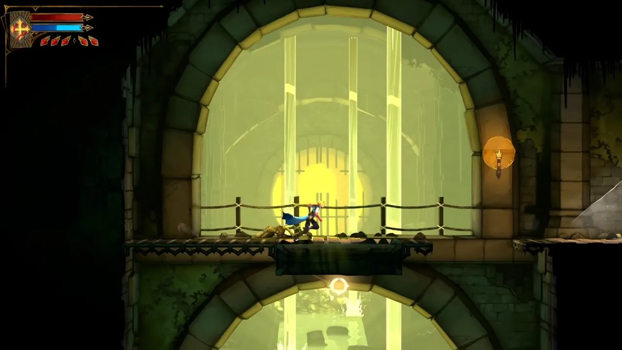 Castlevania: Belmont's Curse weapons, Rose on an upper platform above a glowing round whip anchor